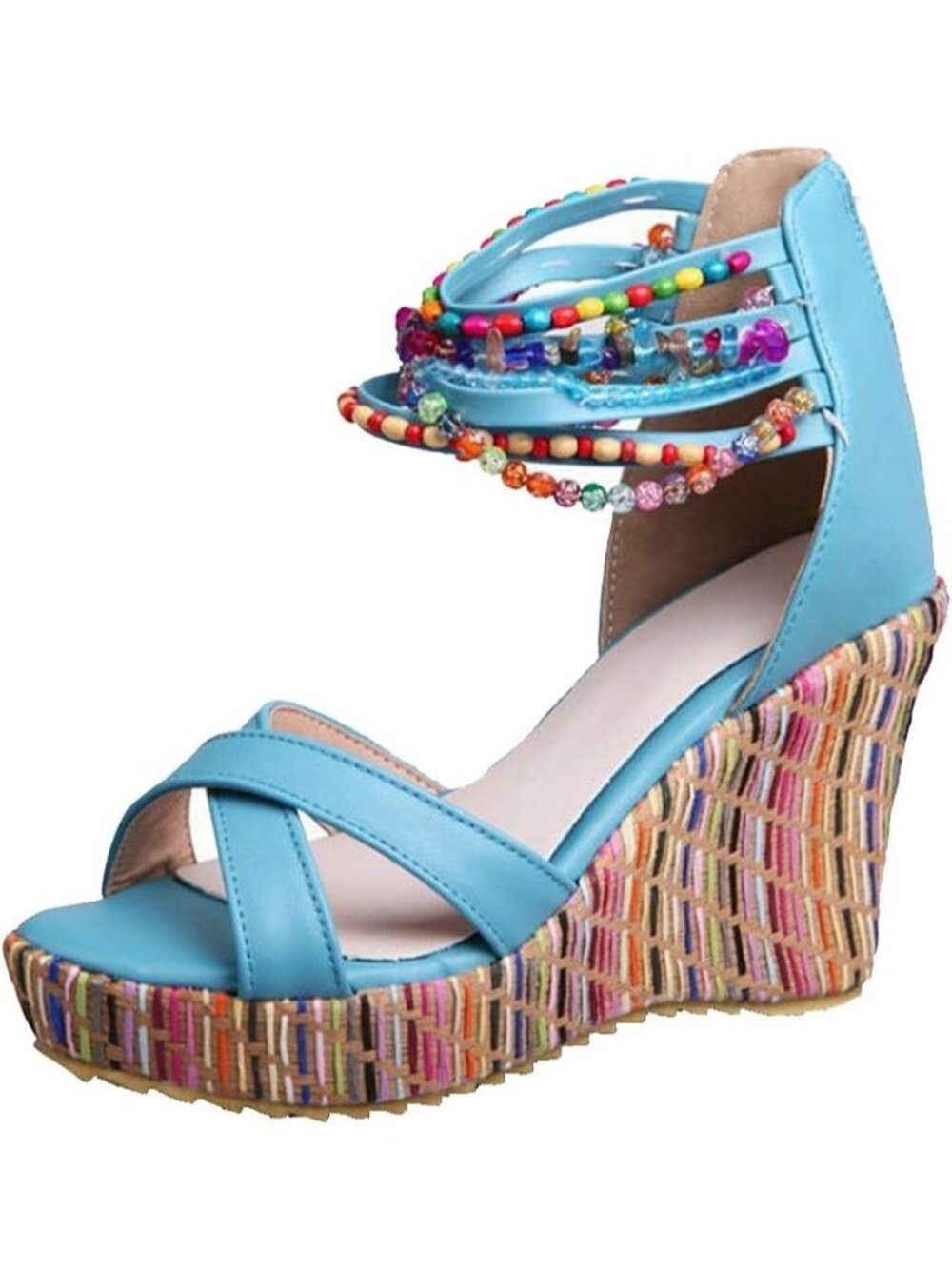 Women's Blue Stylish Pearls Across the Top Platform Wedge High Heels Sandals